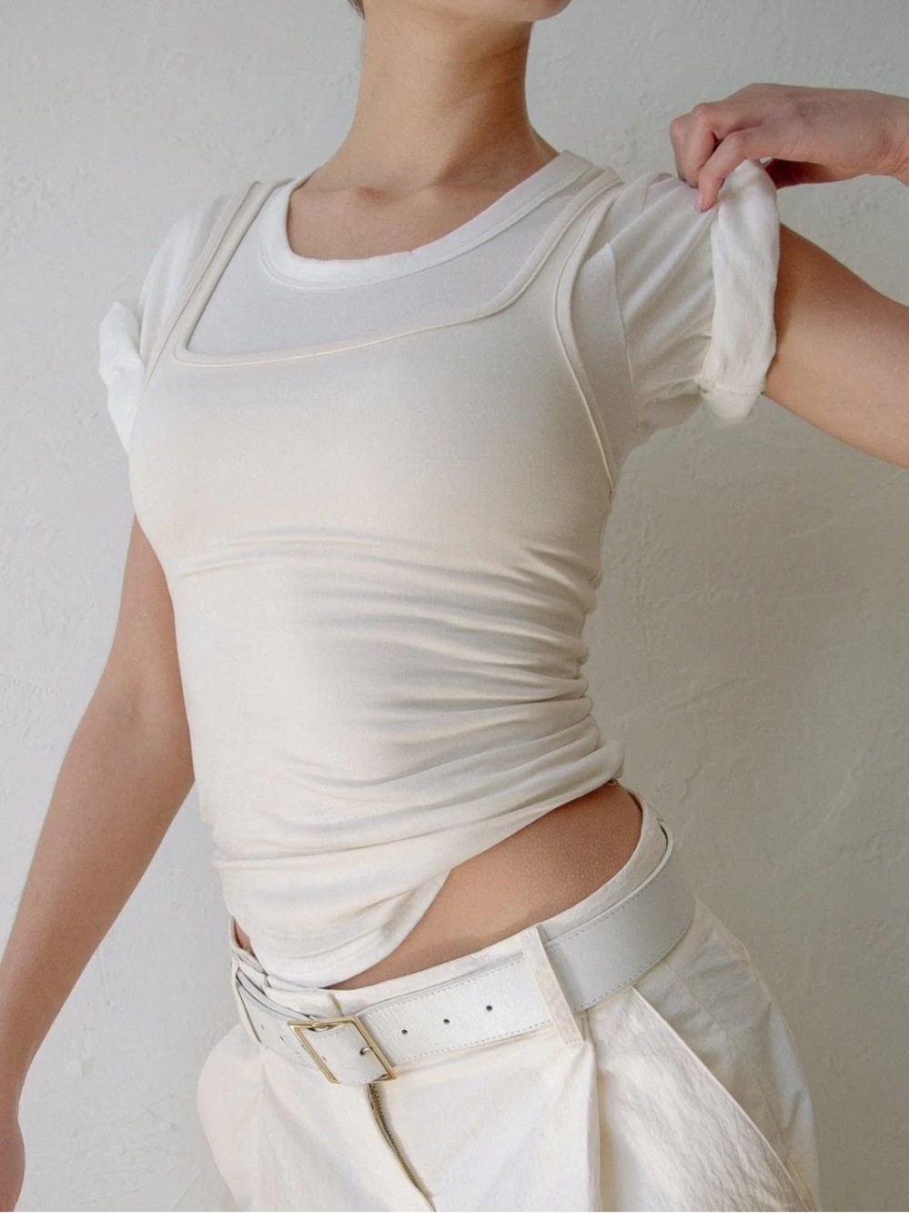 The Line by K - DAQI Vanilla Layered Roll Sleeve T-Shirt